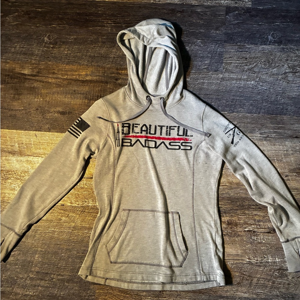 GRUNT STYLE BEAUTIFUL BADASS Gray Hoodie with Graphic Print - Picture 2 of 7